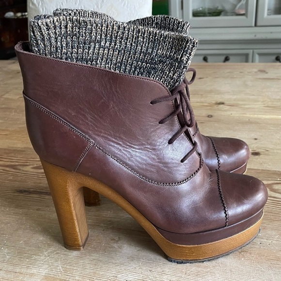CHLOÉ Brown Leather Lace Up Ankle Platform Boot Knit Top Booties Size 39 US 8.5 - Picture 1 of 16